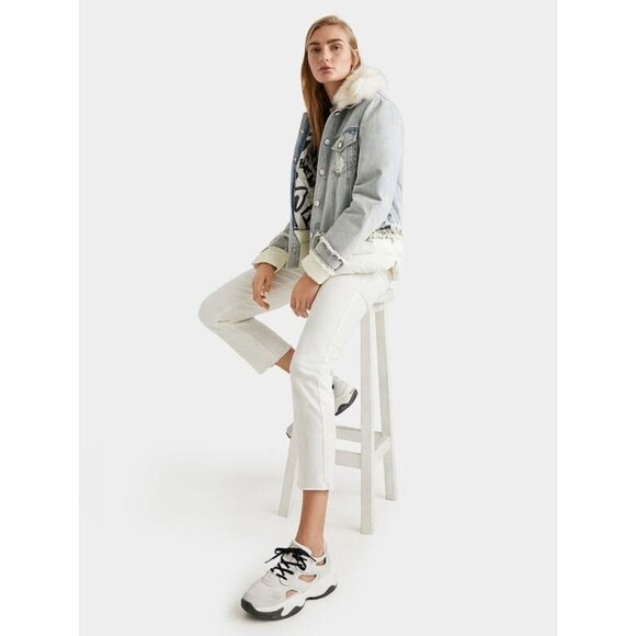 Desigual Light Wash Denim Fur Collar Quilted Interior Jacket L - Picture 2 of 7